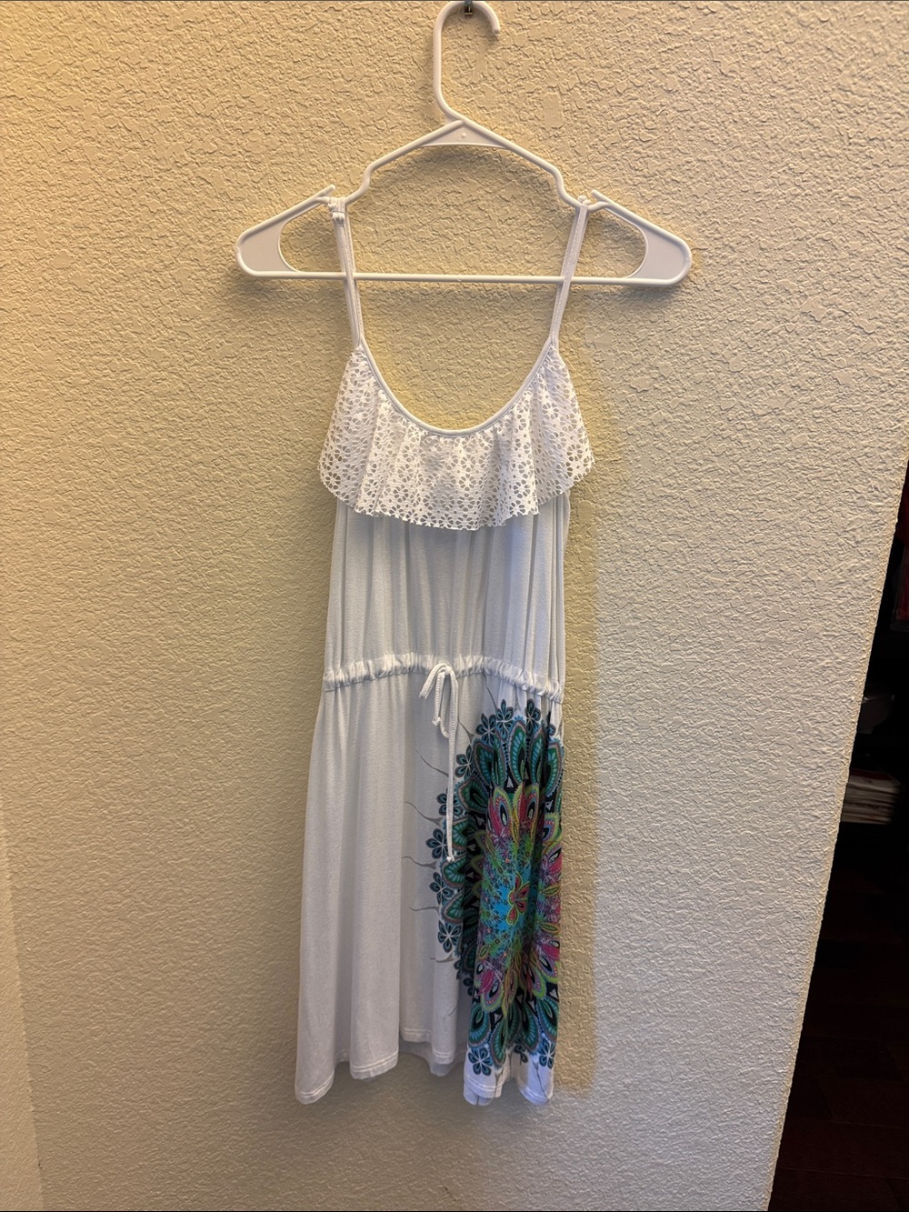 White Spaghetti Strap Dress with Colorful Mandala Detail